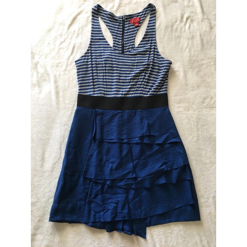 ELLE Blue Gray Striped Racerback Dress Small Tiered Ruffle Pockets Sleeveless